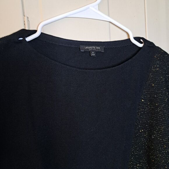 Lafayette 148 Half Metallic Sweater Silk Blend Front Knot Size S Black Gold - Picture 6 of 13
